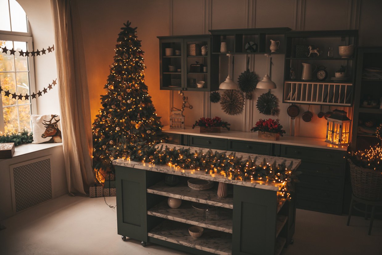 Festively Decorated Christmas Kitchen Interior